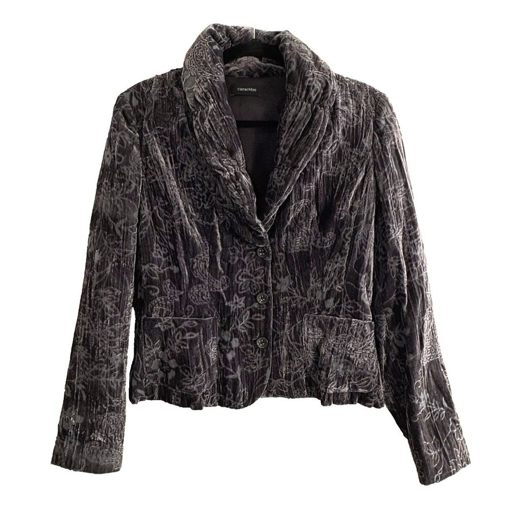CARACTERE Women Lined Floral Collared Velvet‎ Jacket Blazer Sz 6 Purple 35-7